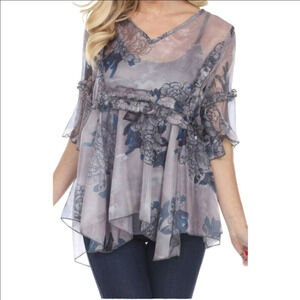 Pretty Angel 3/4 Sleeve Sheer Ruffled Asymmetrical Hem Blouse 52% Silk Size XL